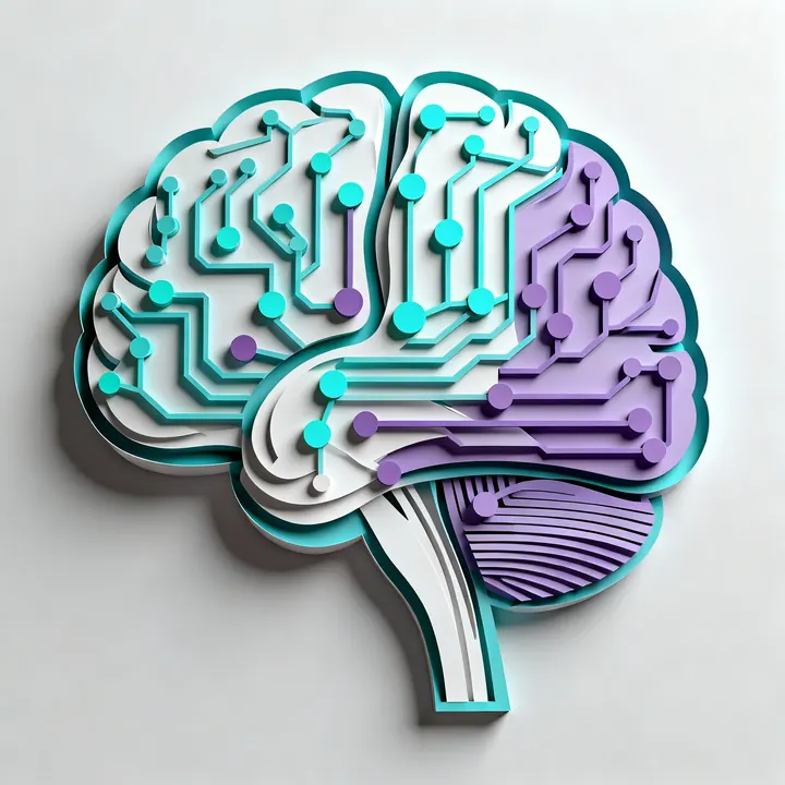 Cerebro de papel con circuitos en turquesa y lila